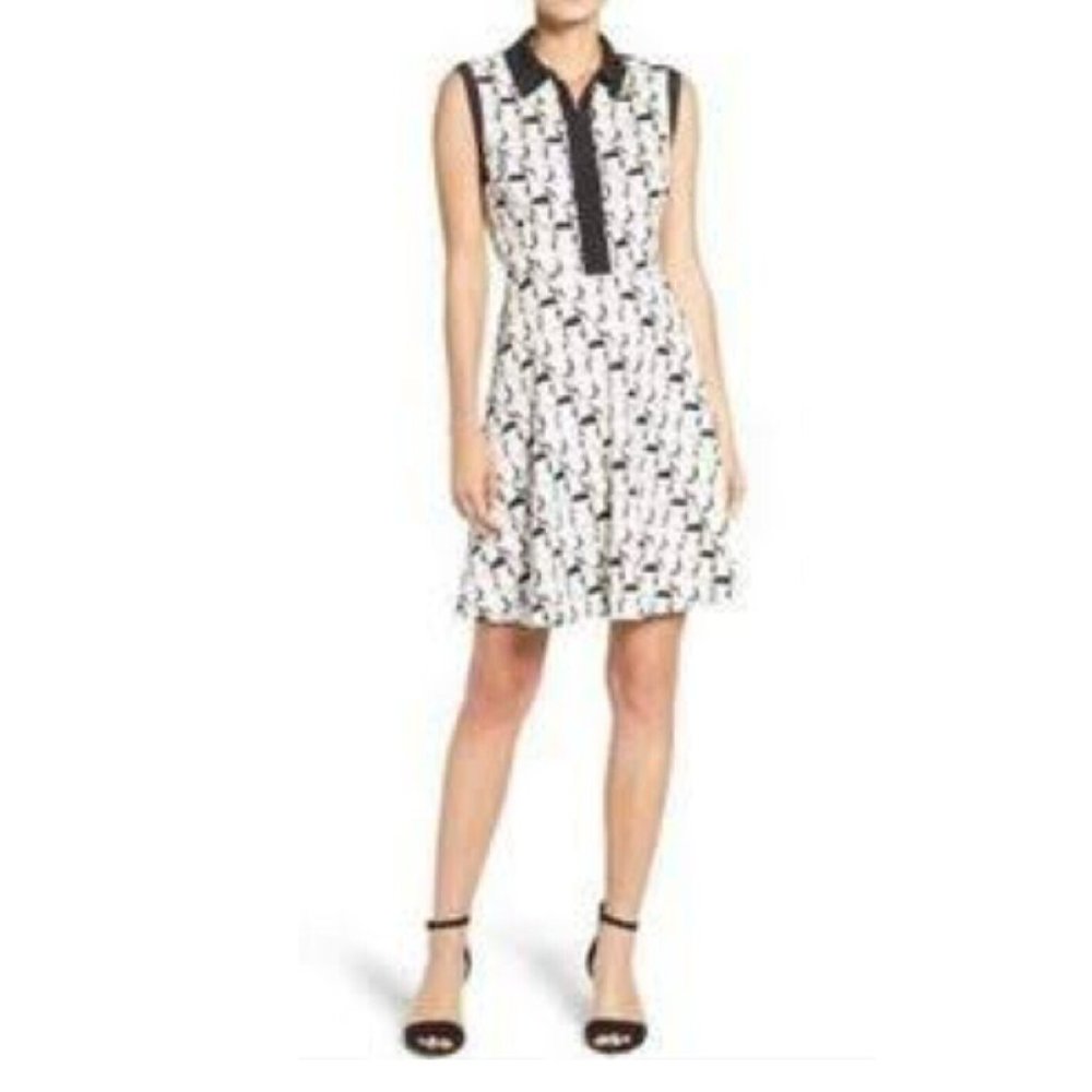 Betsey Johnson Black White Ivory Geometric Print Sleeveless Flare Dress Size 12
